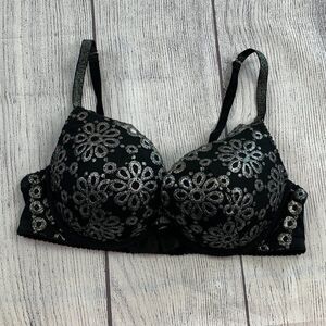 Victoria's Secret 36C Dream Angel Push-up Padded Bra Black Silver Floral Sexy